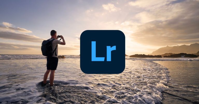 A man stands in shallow ocean water photographing the sunset, wearing a backpack with waves around his legs. The Adobe Lightroom Mobile logo is centered in the image, representing editing on the go for travel photographers.