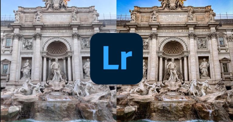 A side-by-side image showing the Trevi Fountain in Rome before and after editing in Lightroom Mobile. The left side is dull and flat, while the right side appears vibrant and detailed. A Lightroom logo is centered over the split to indicate the editing tool used.