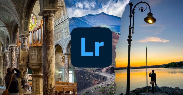 A triptych image showing three travel scenes—a cathedral interior, Mount Etna’s volcanic slope, and a lakeside sunset—each edited in Lightroom Mobile. Centered is the Lightroom logo, highlighting how mobile editing can enhance a wide range of lighting and locations.