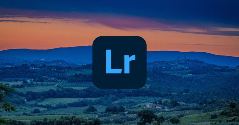 Adobe Lightroom logo centered over a scenic Tuscany landscape at sunset, featuring layered blue hills and an orange-pink sky—used as a featured image for a travel photography editing blog post.