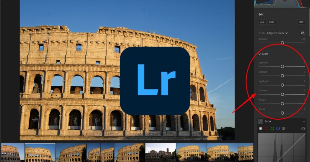 Stylized Lightroom CC screenshot featuring the Colosseum at sunset with the Lightroom logo overlay. Emphasizes the user-friendly interface and editing tools ideal for travel photography.