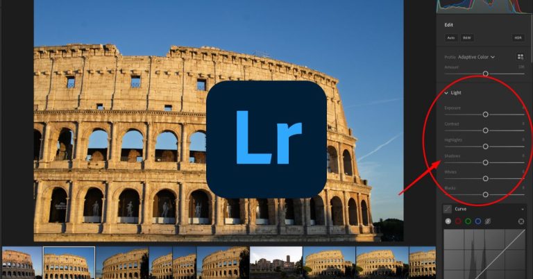 Stylized Lightroom CC screenshot featuring the Colosseum at sunset with the Lightroom logo overlay. Emphasizes the user-friendly interface and editing tools ideal for travel photography.