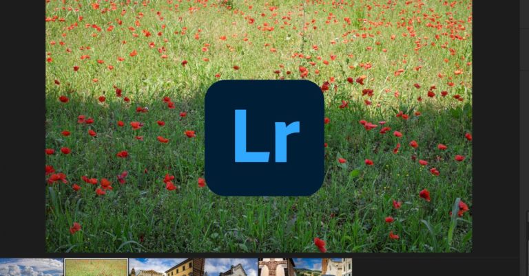 Adobe Lightroom CC logo centered on a field of red poppies—used as a visual theme for a travel photography editing workflow post.
